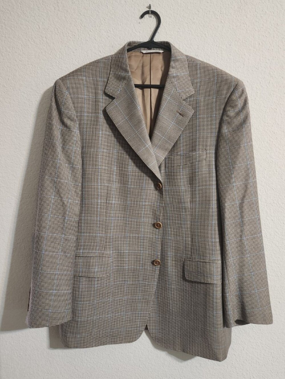 Canali Wool Sports Coat Blazer Brown Blue Houndstooth Plaid size 52C (US 42 S)